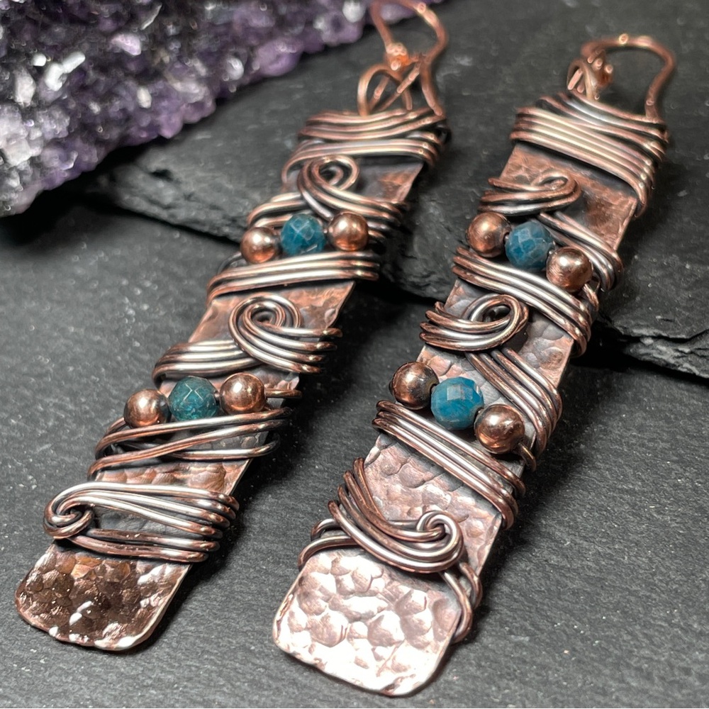 Long Copper and Teal Apatite Crystal Swirling Wire Wrapped Dangle Boho Earrings - Picture 10 of 11